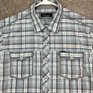 7 Diamonds Shirt Mens L Gray Blue Plaid Short Sleeve‎ Button Down Flap Pockets